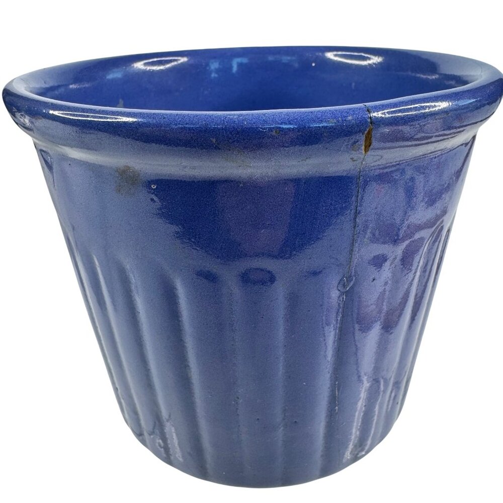 Redwing 1930s Glazed Ceramic Beater Jar Bowl Blue Ridged 5x5.25" Flaw Vintage - Picture 8 of 16